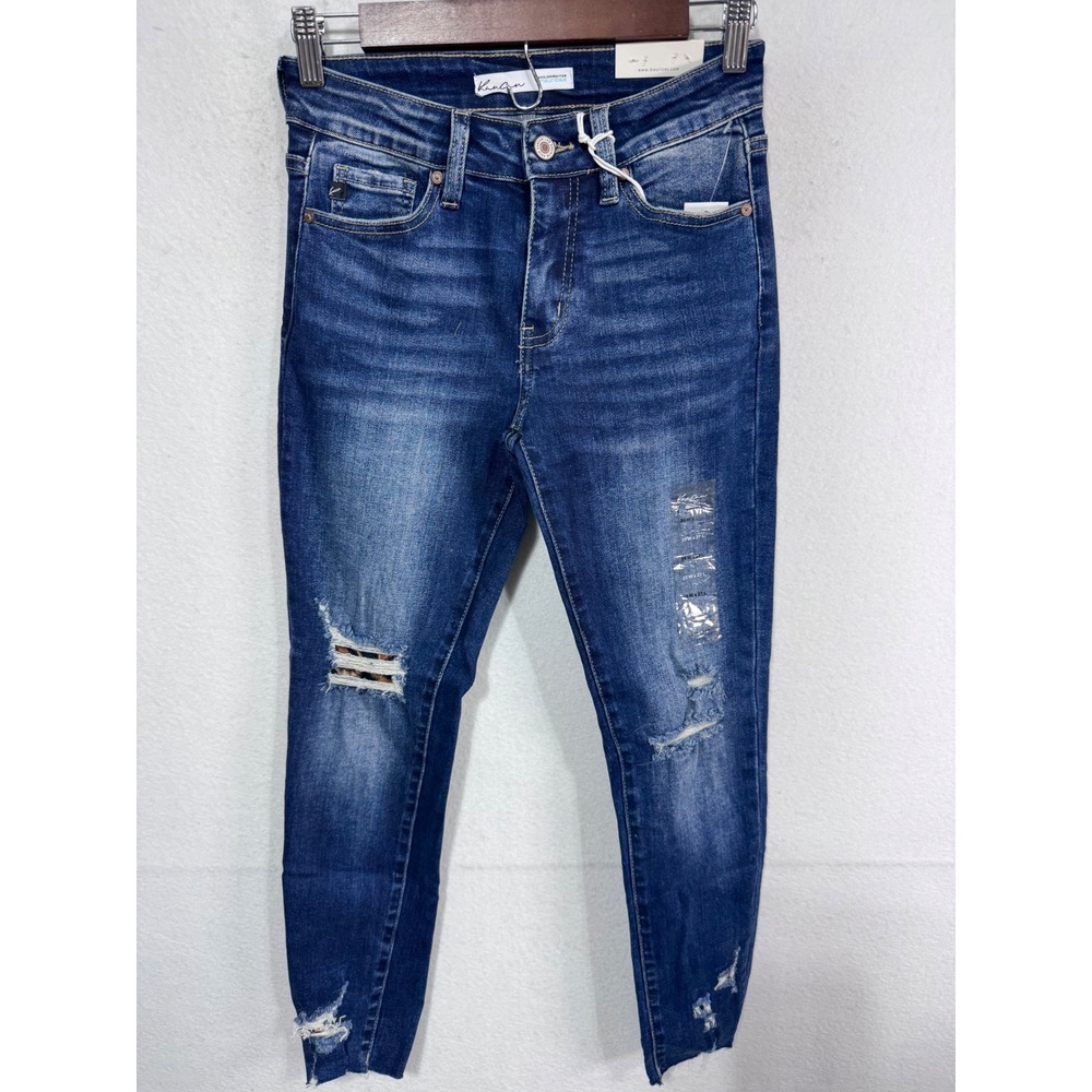 KanCan Women 25x27 Blue Jeans Distressed Leopard Patch Skinny
